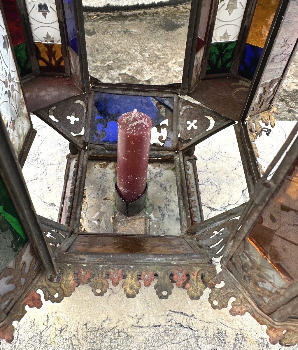 Rare lanterne Mauresque de mosquée fin 19e à bougies Ottoman Turc en métal et verre coloré -photo-3