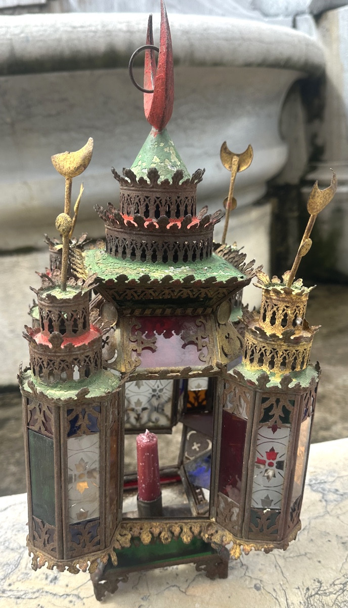 Rare lanterne Mauresque de mosquée fin 19e à bougies Ottoman Turc en métal et verre coloré -photo-4