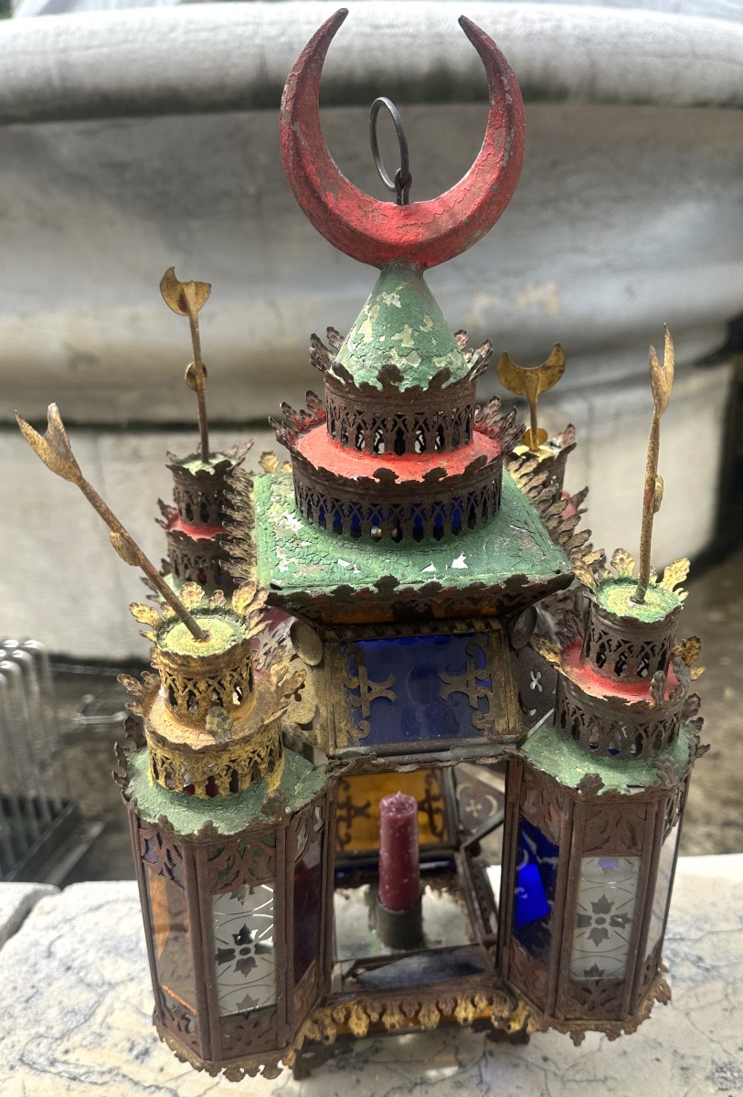 Rare lanterne Mauresque de mosquée fin 19e à bougies Ottoman Turc en métal et verre coloré -photo-1