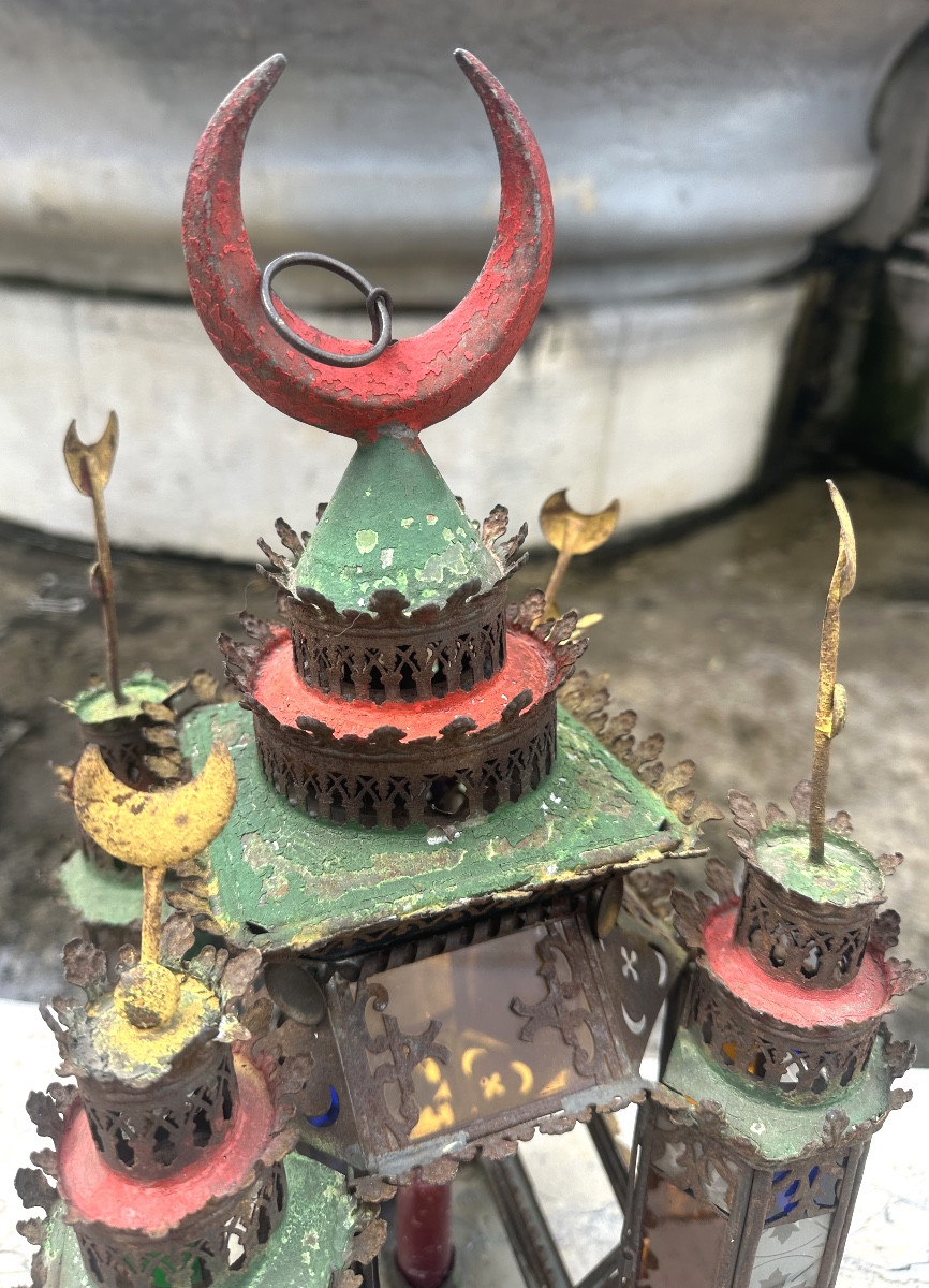 Rare lanterne Mauresque de mosquée fin 19e à bougies Ottoman Turc en métal et verre coloré -photo-5
