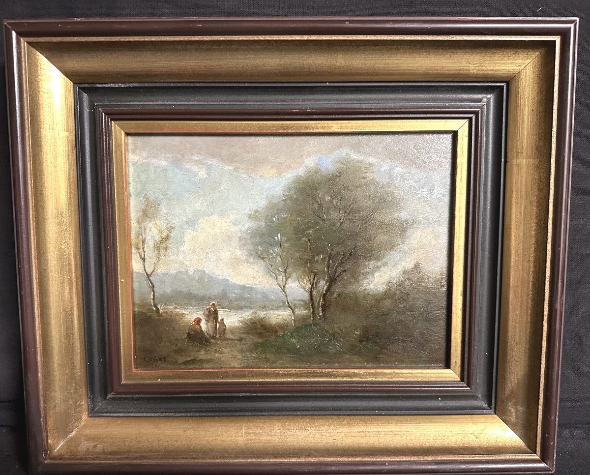 Camille Corot 1796-1875 Attributed Oil Signed Characters In A Landscape-photo-2