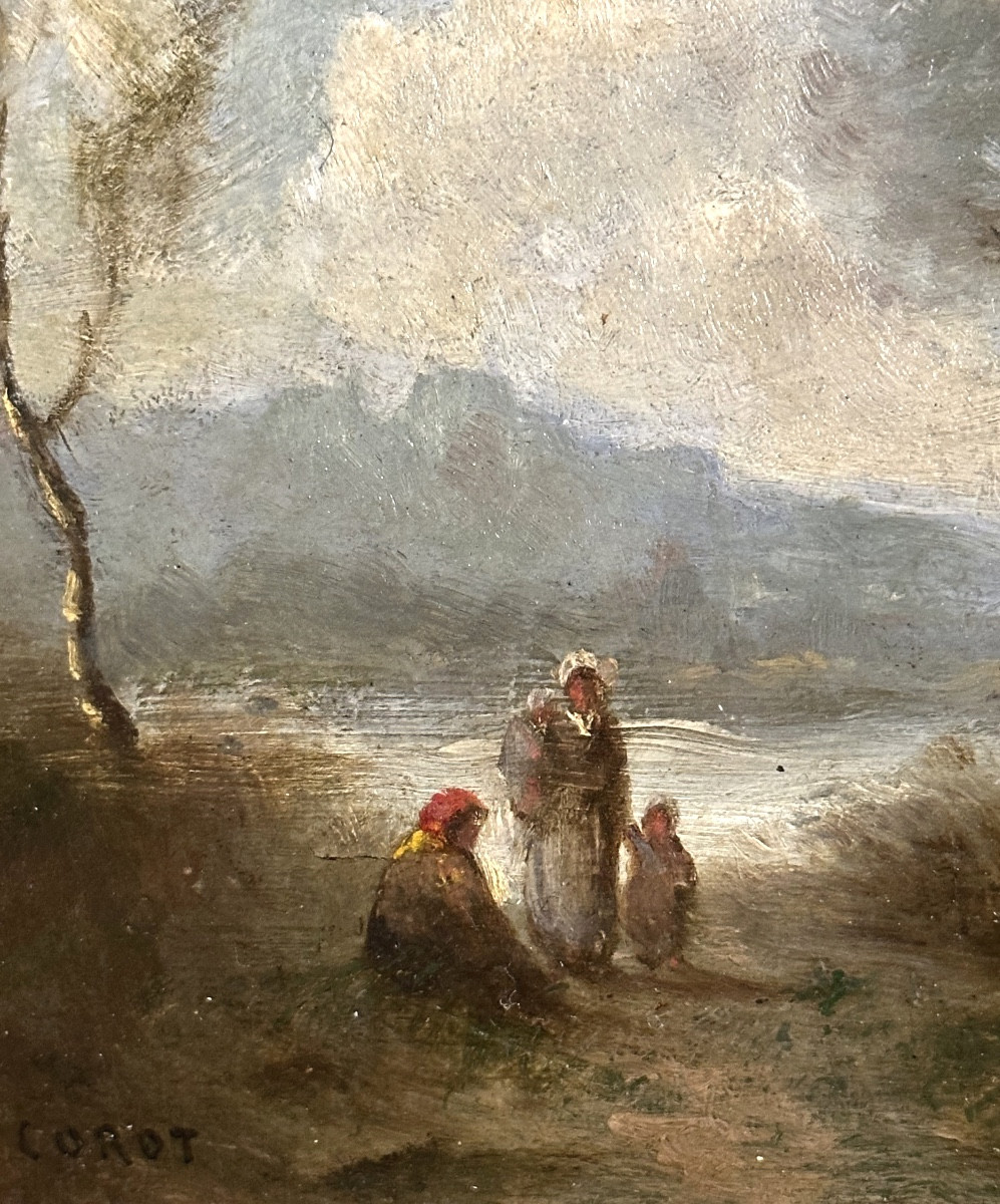 Camille Corot 1796-1875 Attributed Oil Signed Characters In A Landscape-photo-1