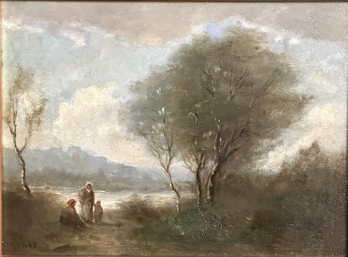 Camille Corot 1796-1875 Attributed Oil Signed Characters In A Landscape-photo-2