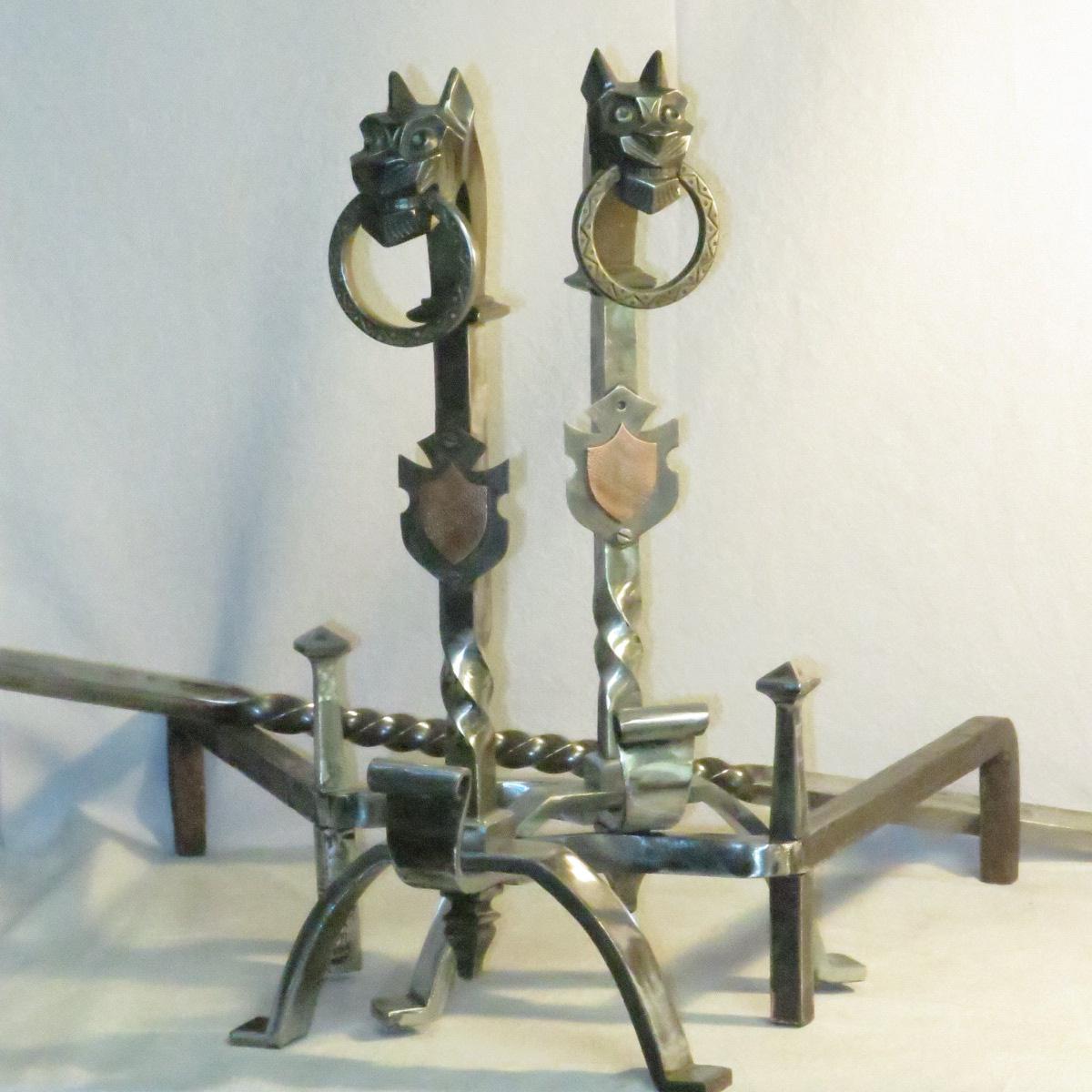 Pair Of Iron Andirons Wrought Dlg Schenk, Viollet Le Duc-photo-1