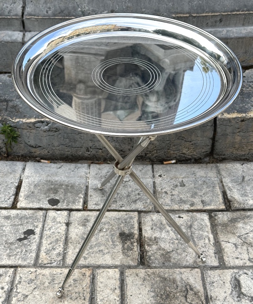 Tripod Silver-plated Pedestal Table With Removable Base 1950 Maison Jansen Or Baguès Table 56cm-photo-3