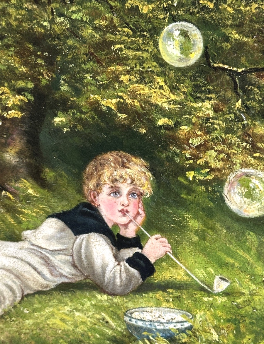 Huile fin 19e signée CN Jeune garçon soufflant des bulles de savon Travail anglais-photo-4
