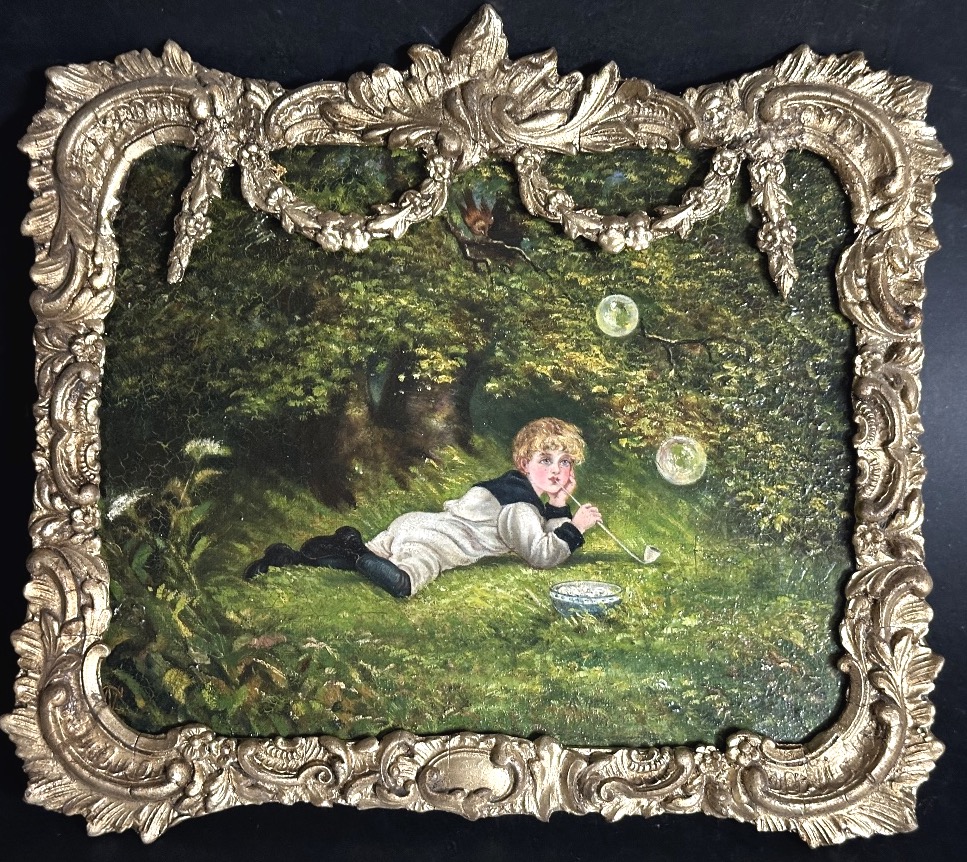 Huile fin 19e signée CN Jeune garçon soufflant des bulles de savon Travail anglais