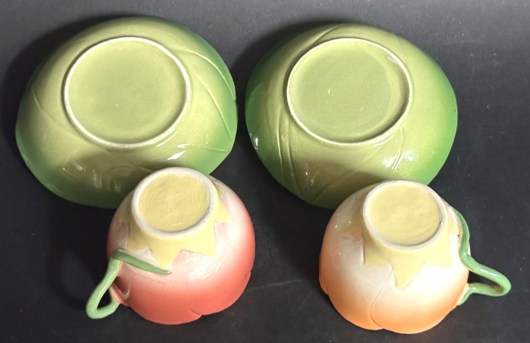 Paire de tasses et soucoupes pour thé café Faïence fine en forme de fleur Art Nouveau-photo-4