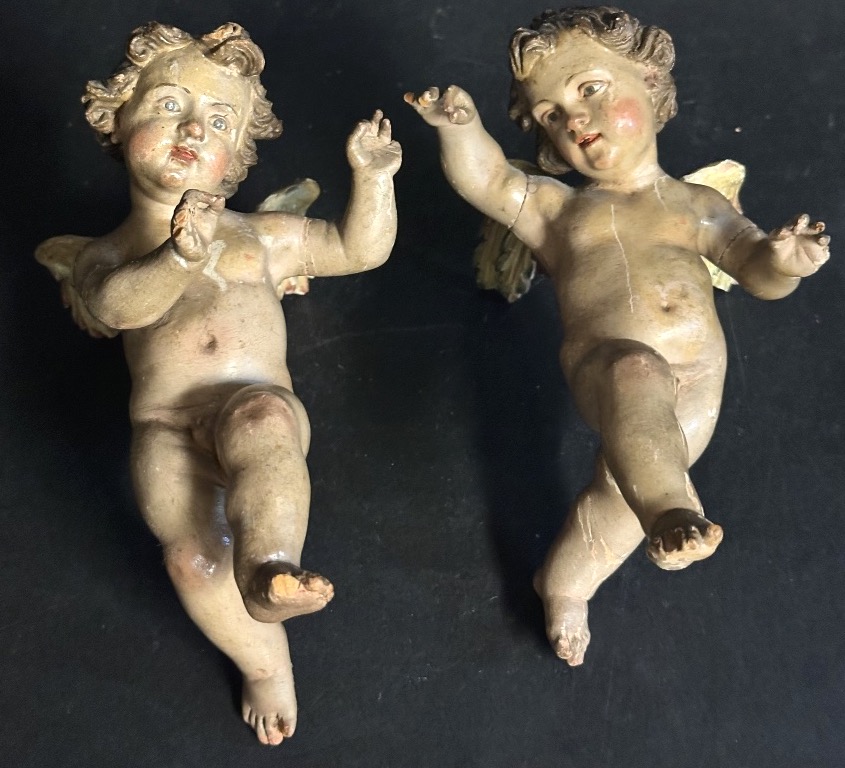 Rare Pair Of 18th-century Neapolitan Nativity Scene Angels, Made Of Polychrome Wood-photo-3