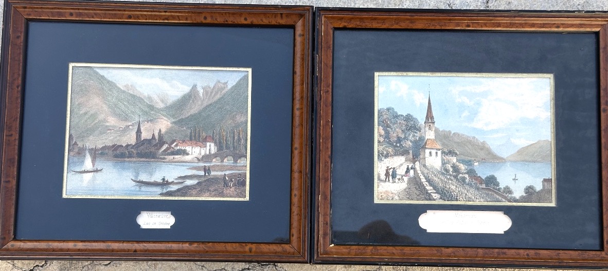 Switzerland, 19th Century: Pair Of Color Engravings Of Lake Geneva, Montreux, And Villeneuve 
