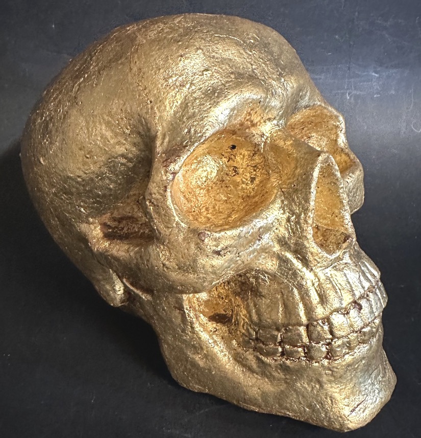Ancien crâne vanité en pierre reconstituée doré à la feuille Mémento Mori curiosité -photo-2
