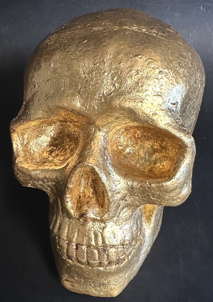 Ancien crâne vanité en pierre reconstituée doré à la feuille Mémento Mori curiosité -photo-4