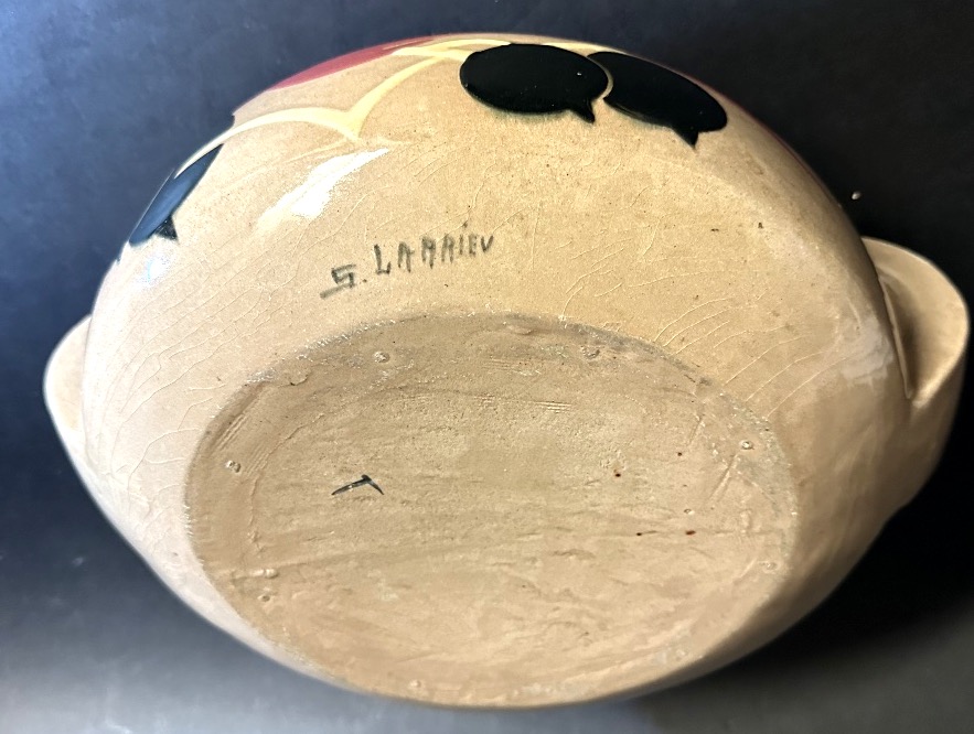 Simone LARRIEU 1912-1996 Important vase à anses Art Deco signé décor oiseau céramique en l’état-photo-4