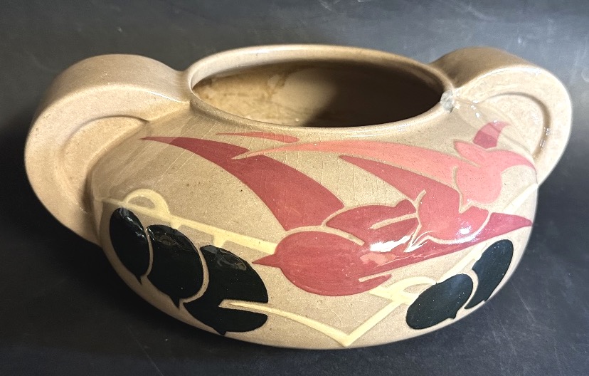 Simone LARRIEU 1912-1996 Important vase à anses Art Deco signé décor oiseau céramique en l’état-photo-1