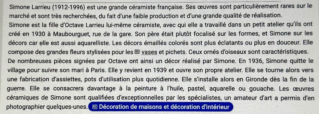 Simone LARRIEU 1912-1996 Important vase à anses Art Deco signé décor oiseau céramique en l’état-photo-4