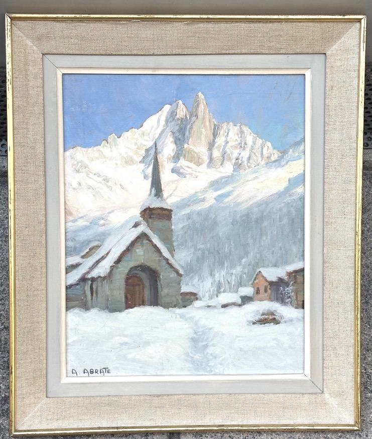 Angelo Abrate 1900–1985 Oil On Canvas, 1951 Les Drus, Les Praz De Chamonix In Winter, Haute-savoie, Alps-photo-2