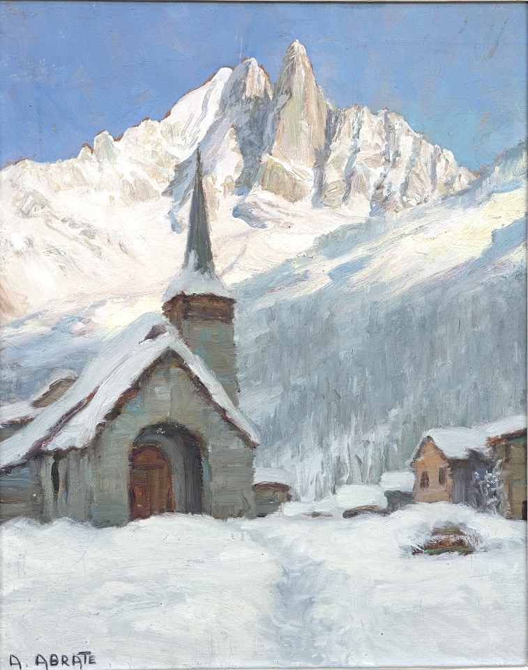 Angelo Abrate 1900–1985 Oil On Canvas, 1951 Les Drus, Les Praz De Chamonix In Winter, Haute-savoie, Alps