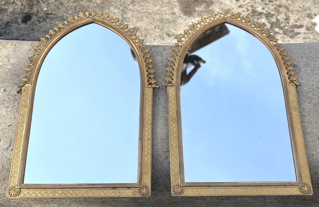 Rare Pair Of Gothic-style Gilded Bronze Mirrors, Circa 1900-photo-3