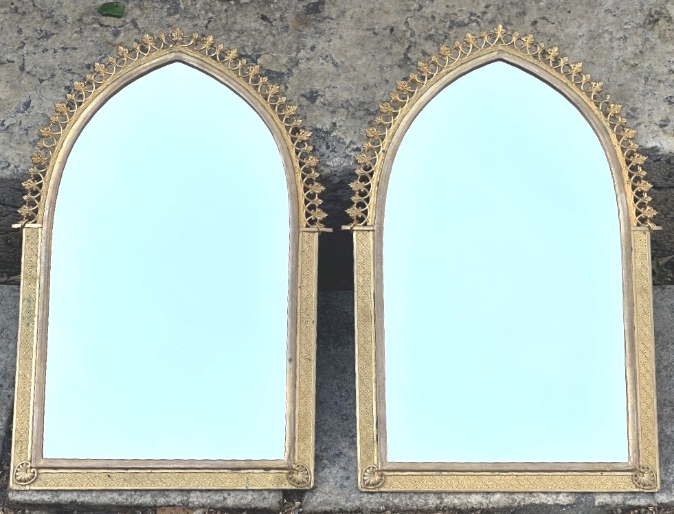 Rare Pair Of Gothic-style Gilded Bronze Mirrors, Circa 1900