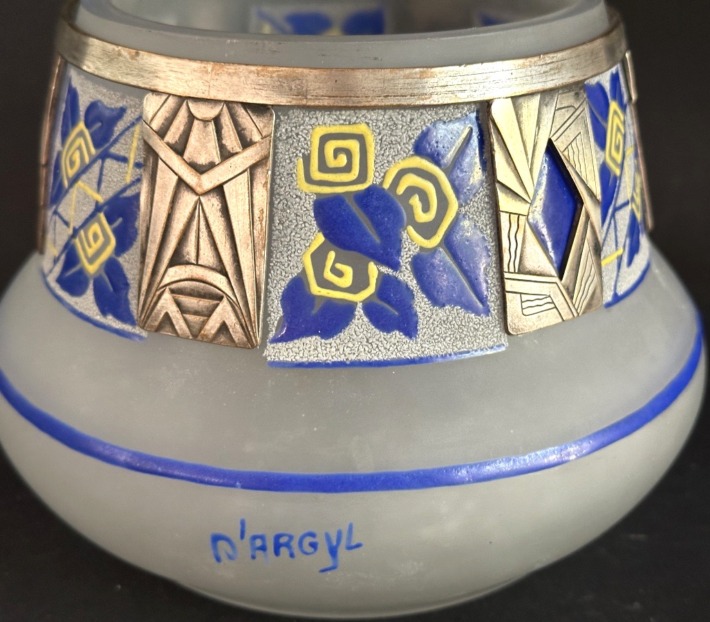 D’argyl Art Deco Vase In Enameled Glass And Silver-plated Bronze, 1930, Signed-photo-3