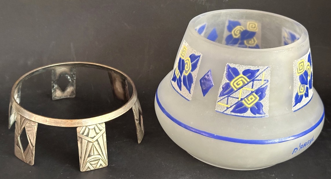 D’argyl Art Deco Vase In Enameled Glass And Silver-plated Bronze, 1930, Signed-photo-1