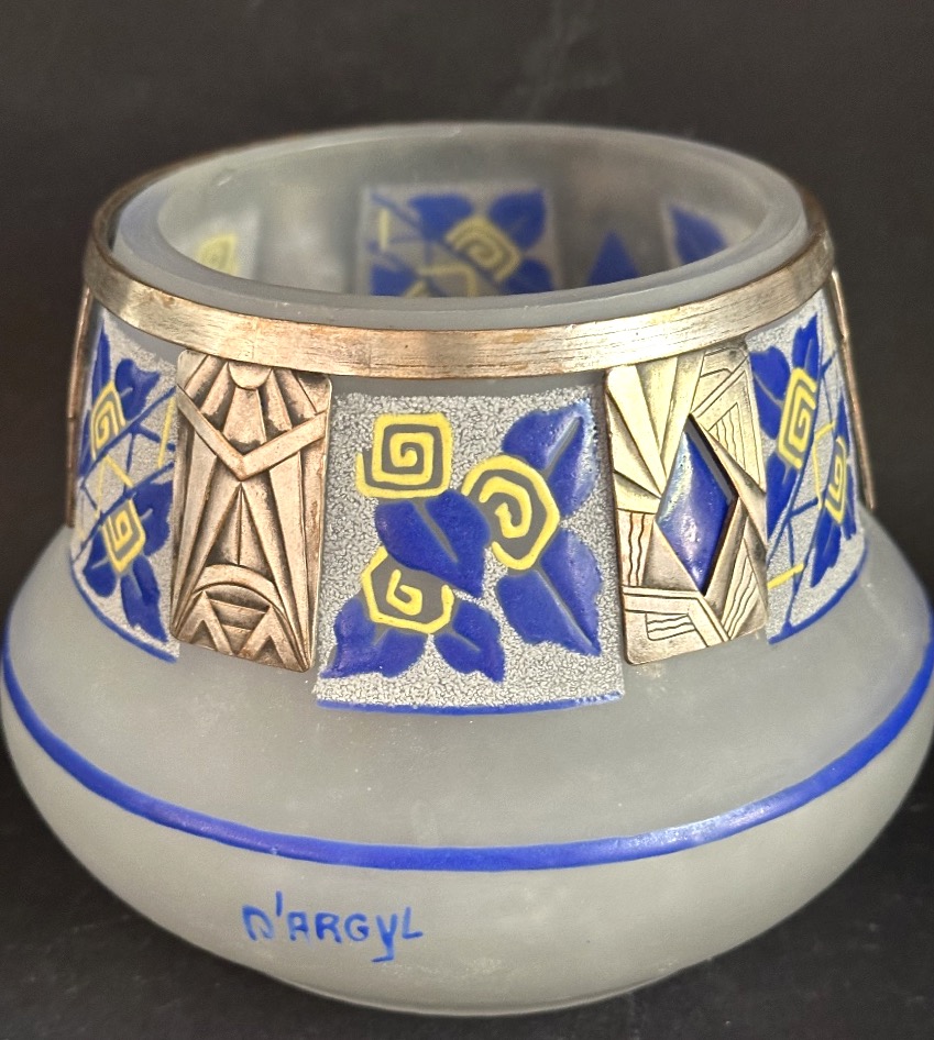 D’argyl Art Deco Vase In Enameled Glass And Silver-plated Bronze, 1930, Signed