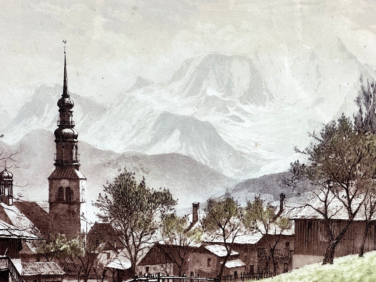 Joanny Drevet 1989-1969 Rare Etching: Combloux And Mont Blanc, Megève, Chamonix, Alps, Mountains-photo-2