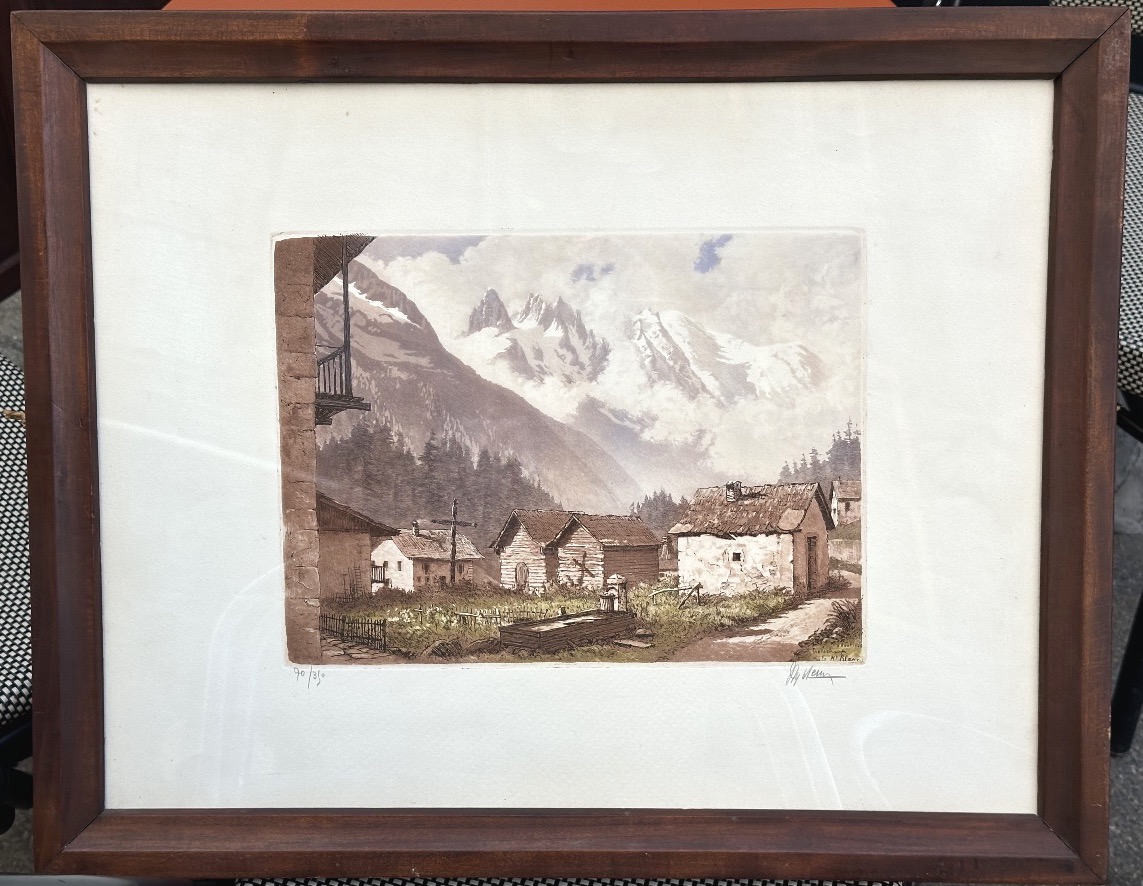 Joanny DREVET 1889-1969 Rare eau forte Tréléchamps et Mont Blanc 1948 Chamonix Alpes Hte Savoie-photo-2