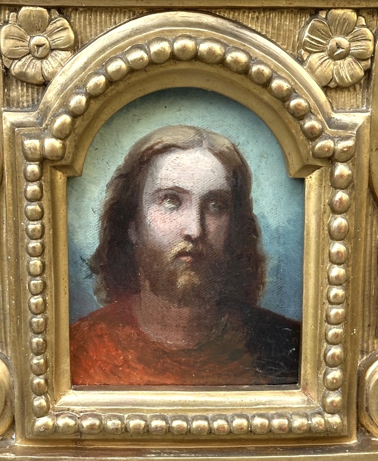 Huile Christ dans son grand cadre XVIIIe 52cm en bois doré d’après Andrea del Sarto-photo-2
