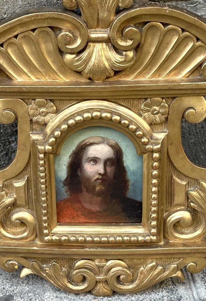Huile Christ dans son grand cadre XVIIIe 52cm en bois doré d’après Andrea del Sarto-photo-1