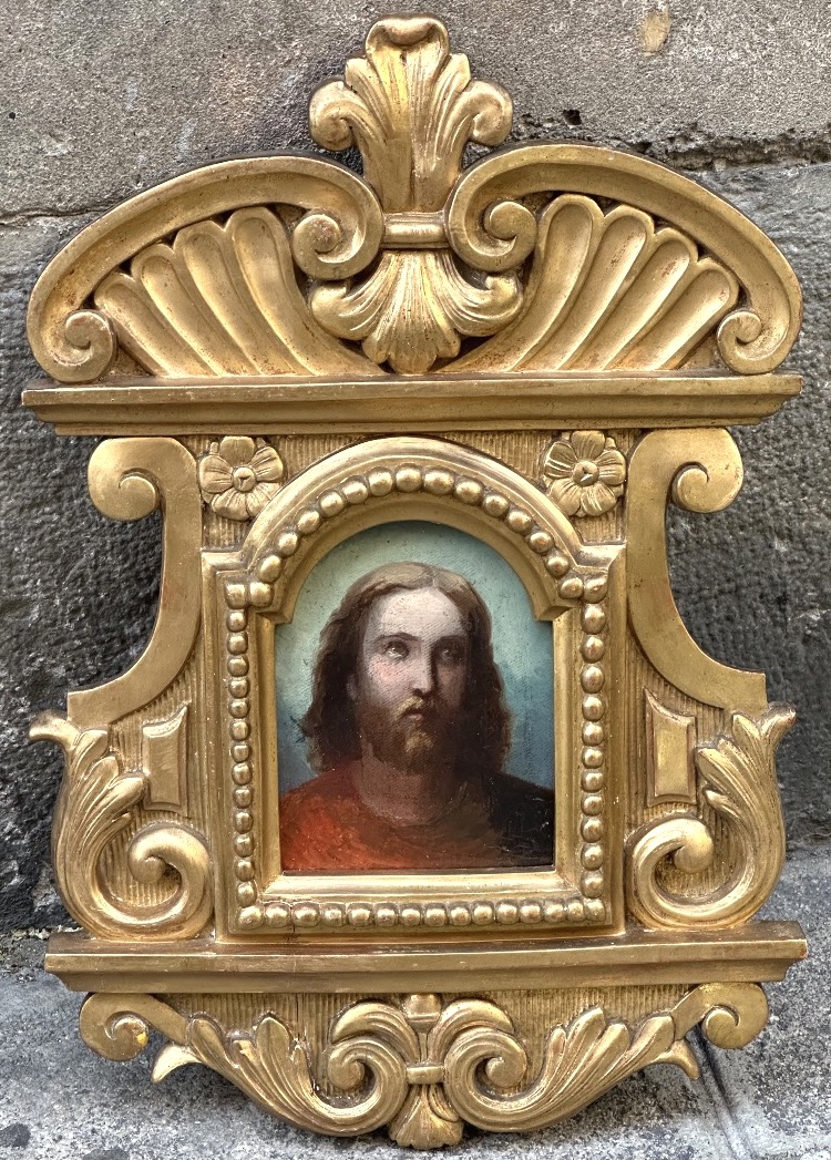 Huile Christ dans son grand cadre XVIIIe 52cm en bois doré d’après Andrea del Sarto