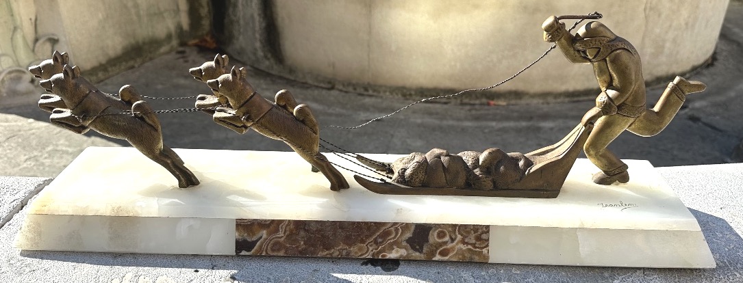 Important bronze Art Deco attelage de chiens de traineau Husky et musher signé JEANLEM neige -photo-6