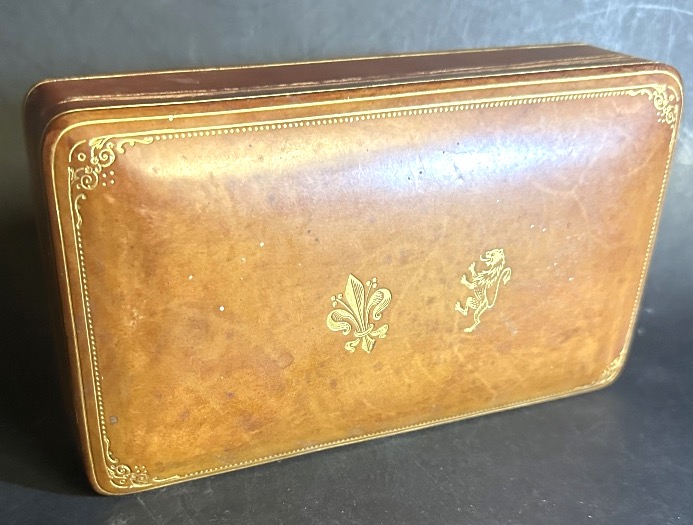 Brown And Gold Leather Box With Fleur-de-lis And Heraldic Lion Motifs; Florentine Design
