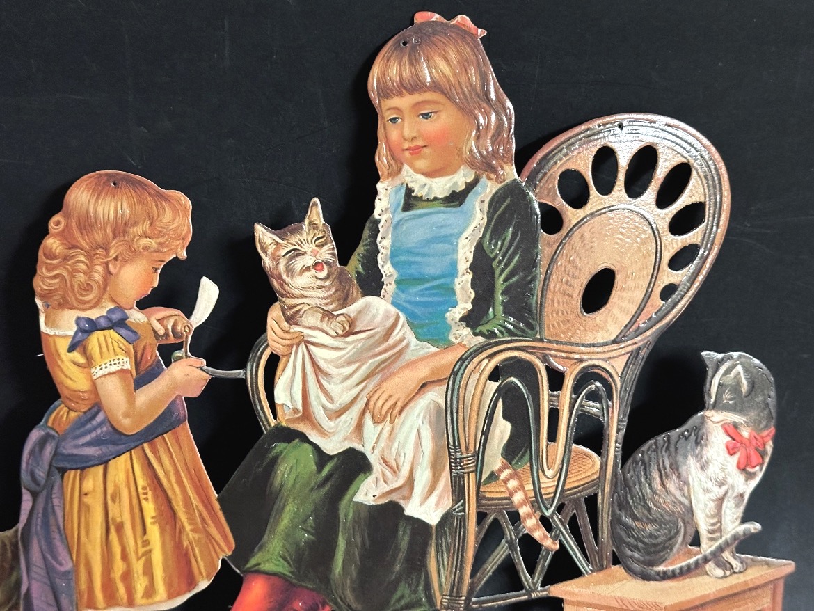 Large Antique Cat Chromolithography Cats Grooming Themselves With Two Little Girls, 1900-photo-2