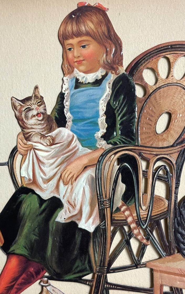 Large Antique Cat Chromolithography Cats Grooming Themselves With Two Little Girls, 1900-photo-2