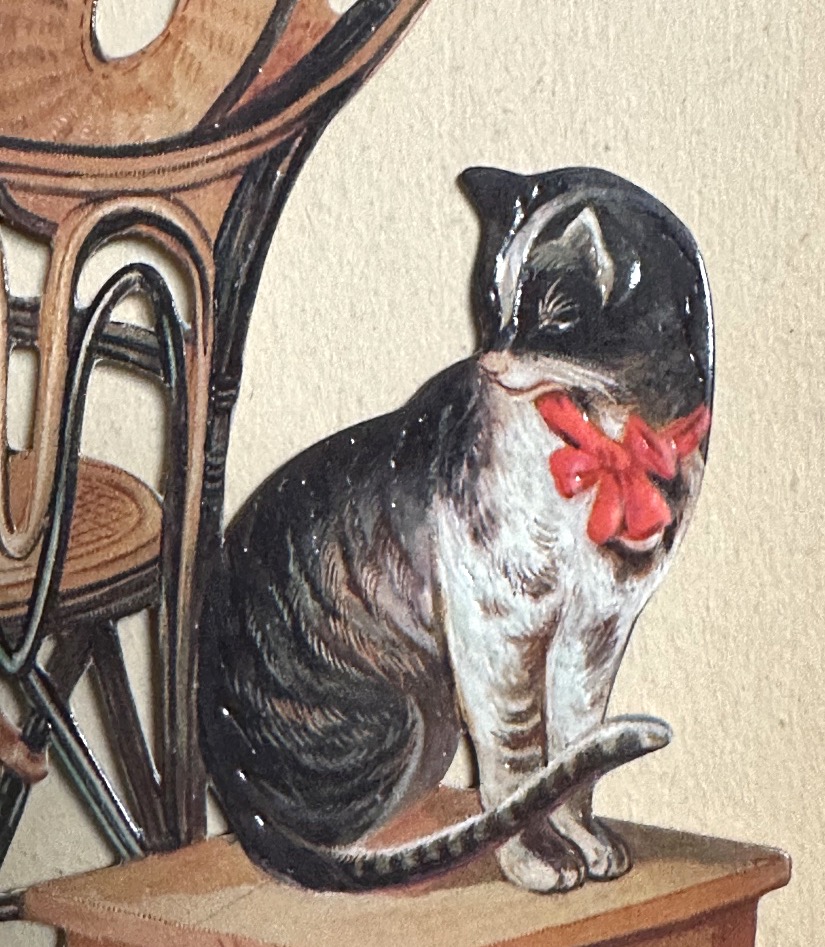 Large Antique Cat Chromolithography Cats Grooming Themselves With Two Little Girls, 1900-photo-3