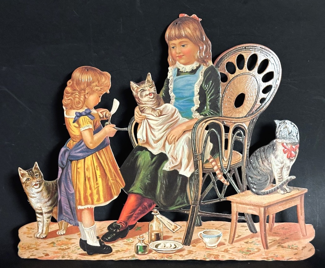 Large Antique Cat Chromolithography Cats Grooming Themselves With Two Little Girls, 1900