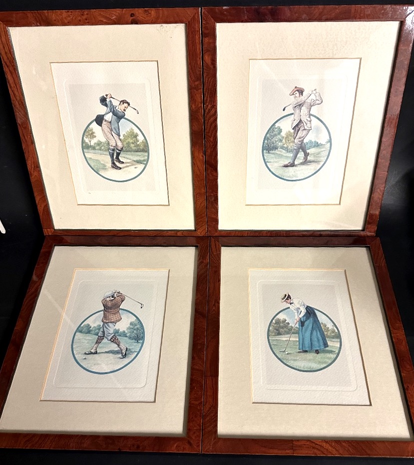 Golf: Set Of 4 Vintage Framed Color Lithographs Of A Golfer 