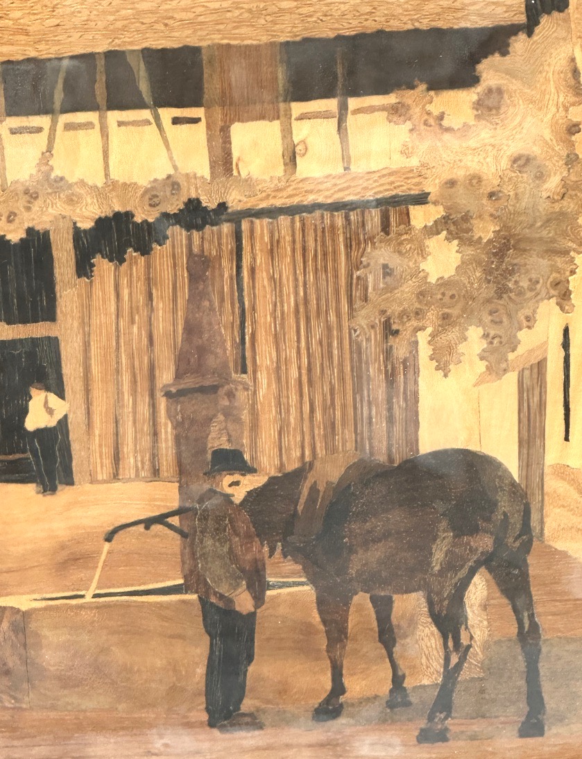 Spindler Large Alsatian Marquetry Piece Depicting The Alsatian Village Of Nothalten And A Horse At A Watering Trough, Signed-photo-3