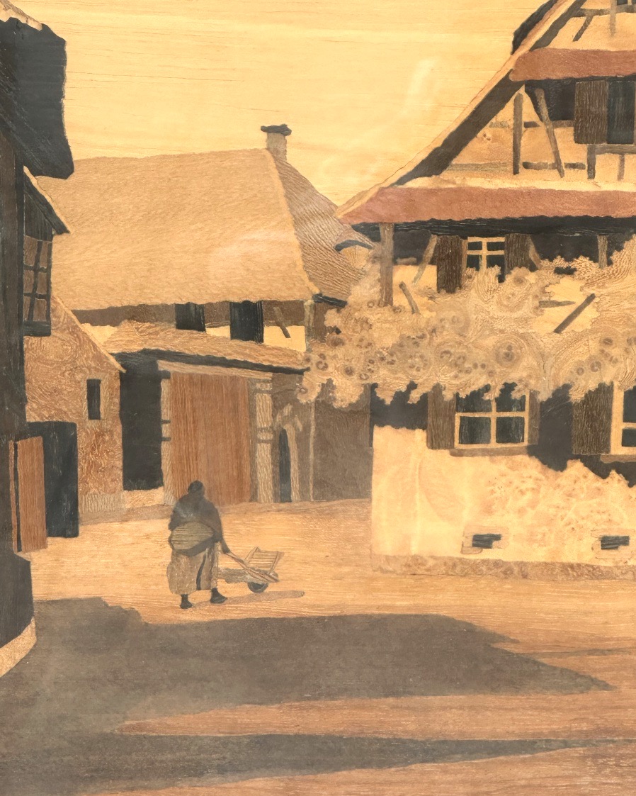 Spindler Large Alsatian Marquetry Piece Depicting The Alsatian Village Of Nothalten And A Horse At A Watering Trough, Signed-photo-4