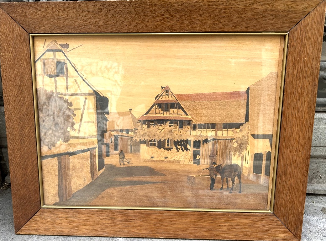 Spindler Large Alsatian Marquetry Piece Depicting The Alsatian Village Of Nothalten And A Horse At A Watering Trough, Signed