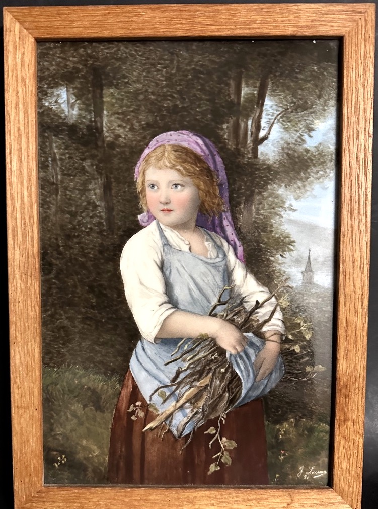 J. LACROSE 1881 Huile sur porcelaine signée Fillette au fagot en très bon état-photo-2
