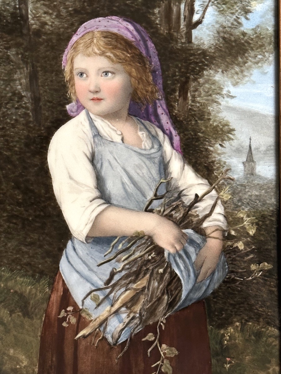 J. LACROSE 1881 Huile sur porcelaine signée Fillette au fagot en très bon état