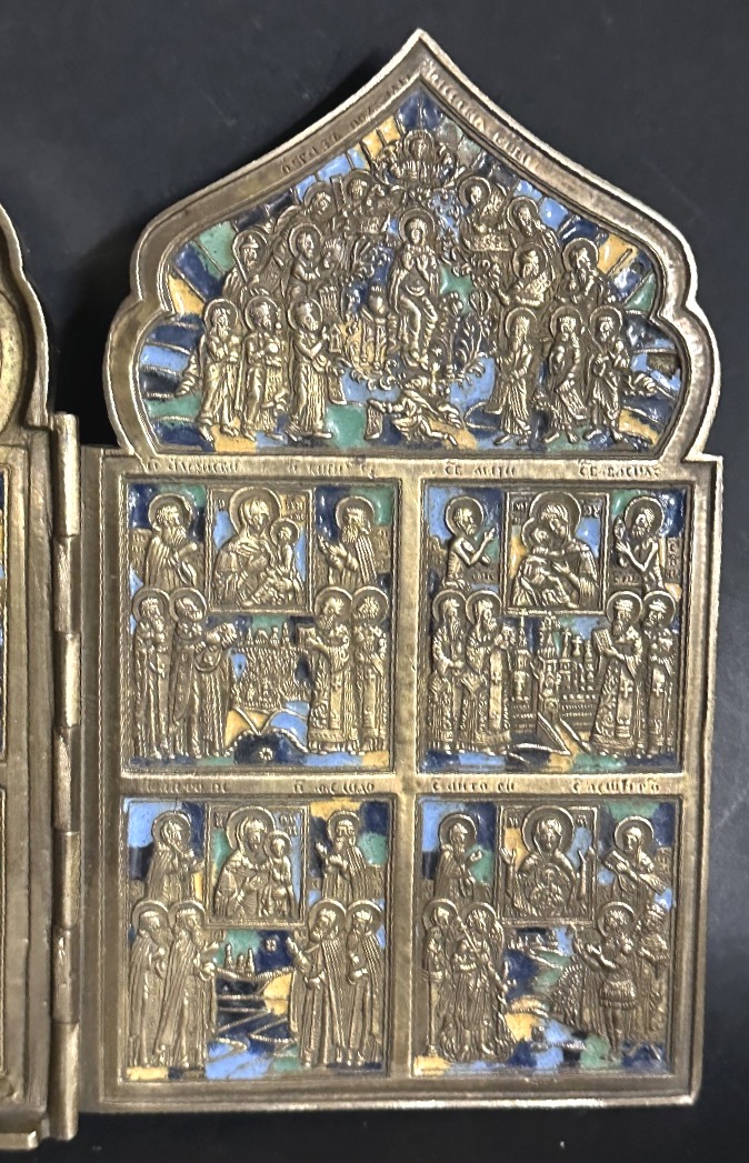 19th-century Russia: 4-panel Folding Travel Icon Made Of Bronze And Enamel; Russian Orthodox; Cyrillic-photo-2