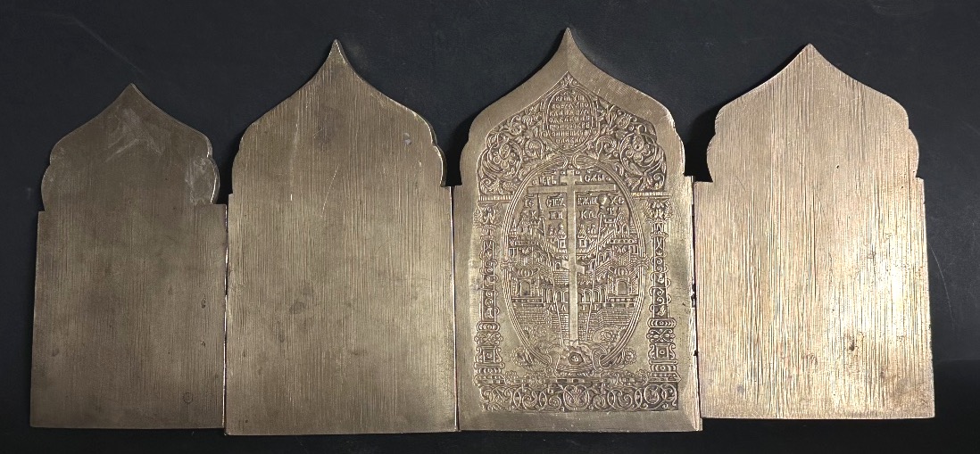 19th-century Russia: 4-panel Folding Travel Icon Made Of Bronze And Enamel; Russian Orthodox; Cyrillic-photo-3