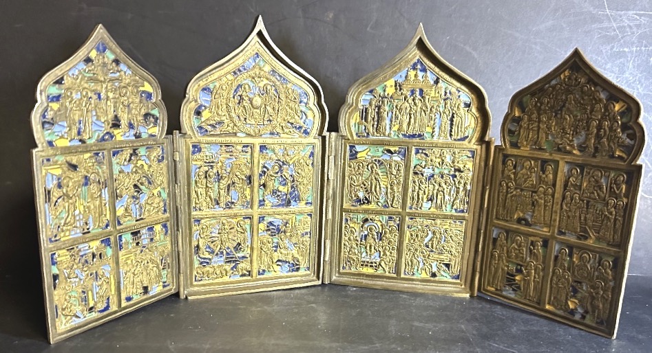 19th-century Russia: 4-panel Folding Travel Icon Made Of Bronze And Enamel; Russian Orthodox; Cyrillic