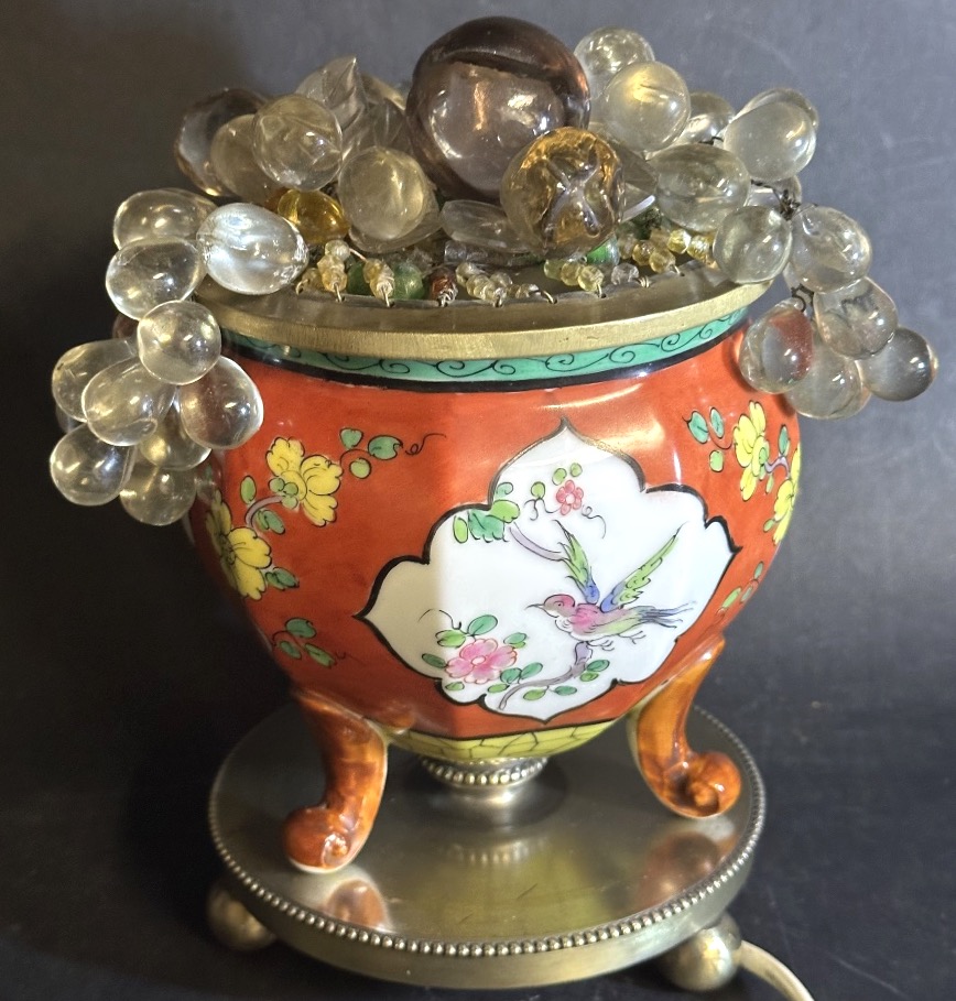 Rare 1900 Nightlight Made Of Bronze-colored Glass And Porcelain; "fruit Basket" By Maison Baguès, Dlg-photo-2