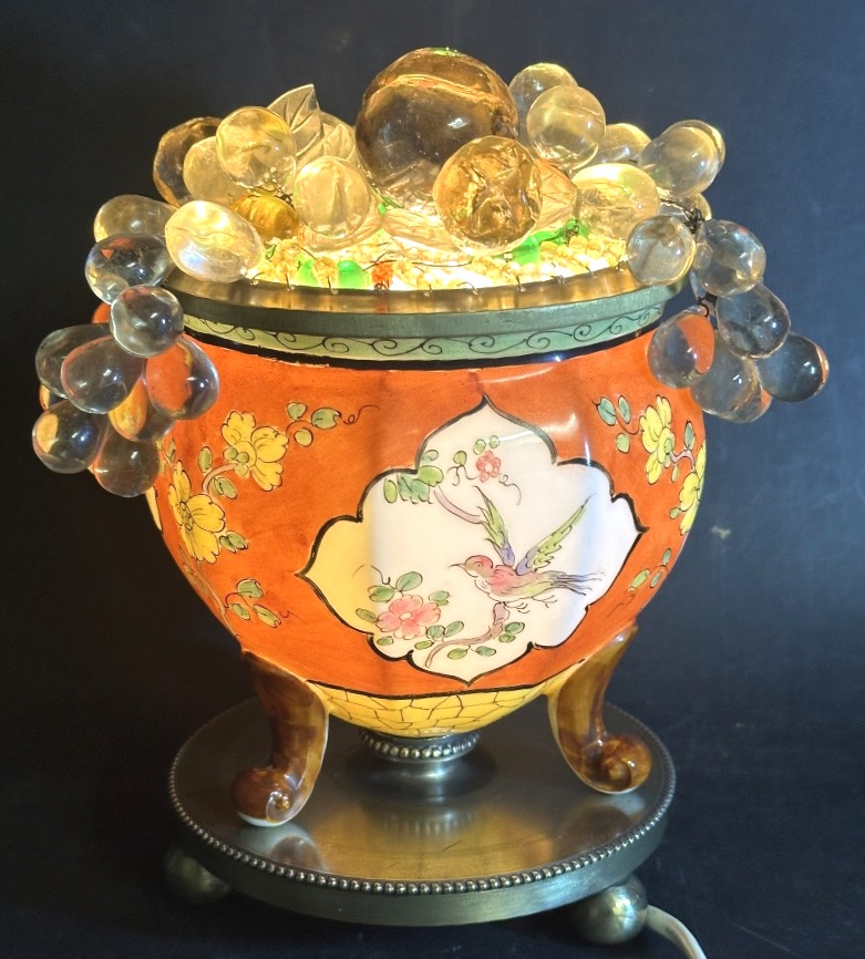 Rare 1900 Nightlight Made Of Bronze-colored Glass And Porcelain; "fruit Basket" By Maison Baguès, Dlg