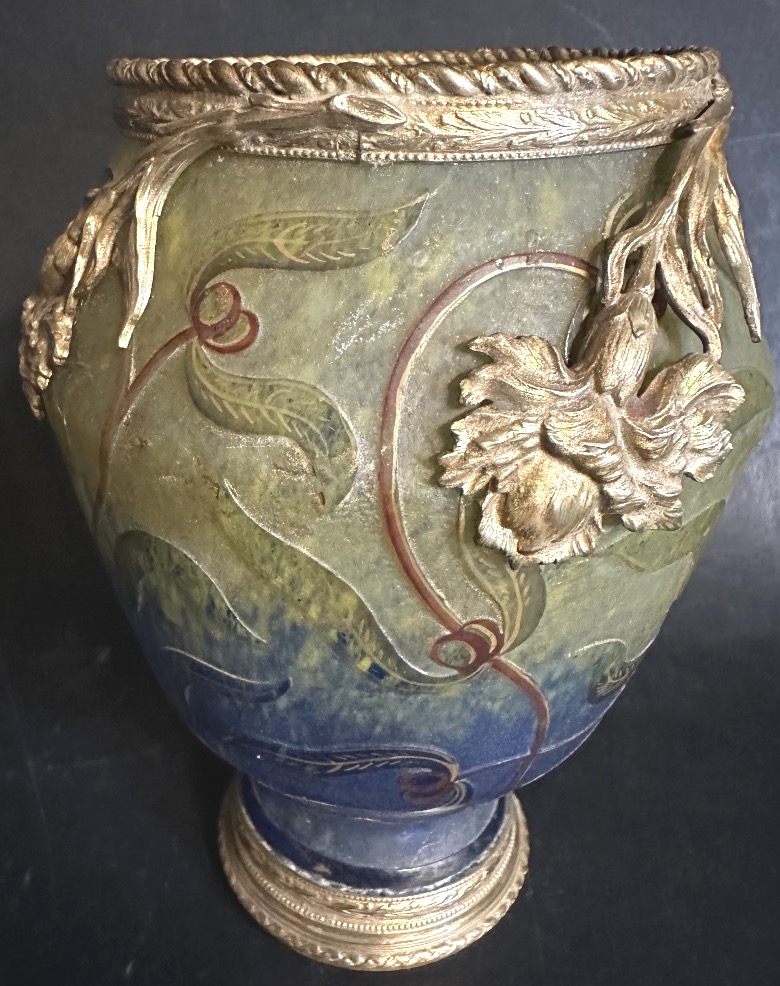 Daum Vase Attributed To The Art Nouveau Period, Made Of Etched Glass And Brass-photo-2