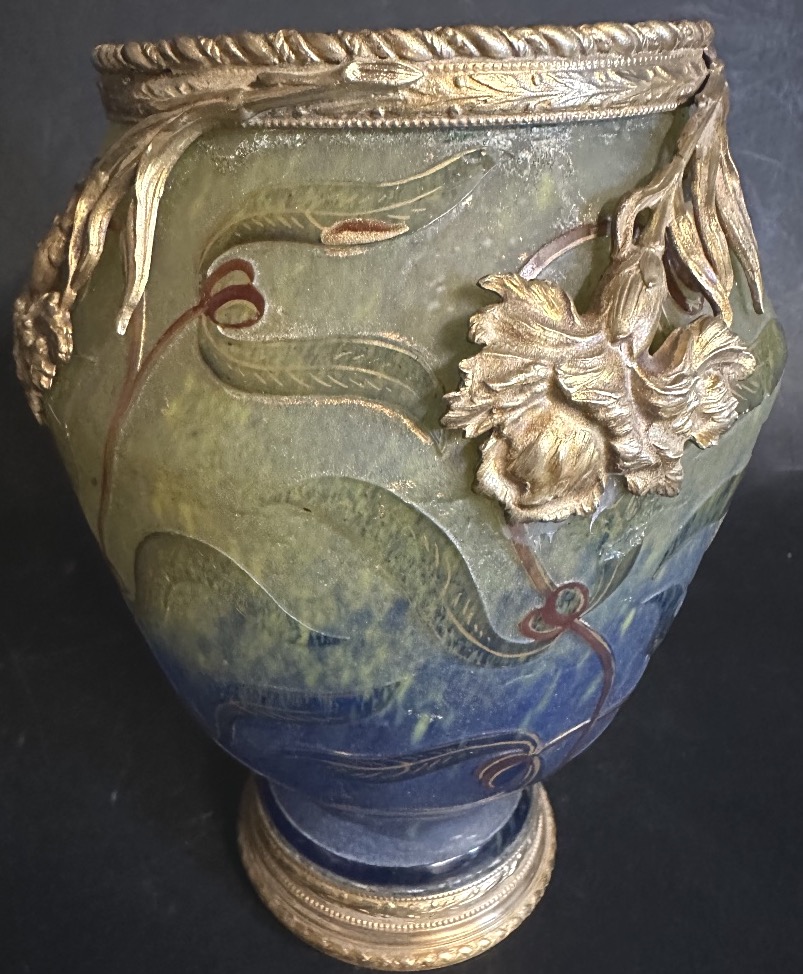 Daum Vase Attributed To The Art Nouveau Period, Made Of Etched Glass And Brass-photo-2
